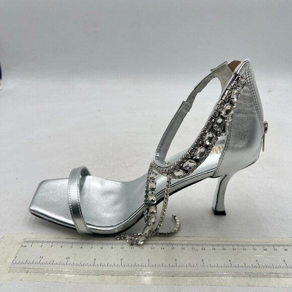 Wansseny Silver Gorgeous Rhinestone Ankle Strap Open Square Toe Back Zip Sandals - Picture 2 of 9